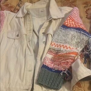 Colorful Knit Sleeve Denim Jacket